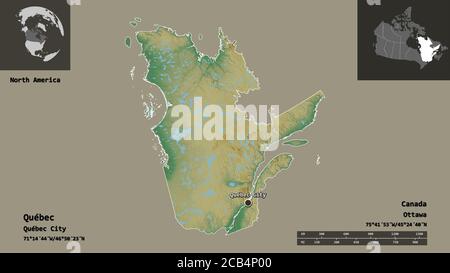 Form von Québec, Provinz von Kanada, und seine Hauptstadt. Entfernungsskala, Vorschauen und Beschriftungen. Topografische Reliefkarte. 3D-Rendering Stockfoto