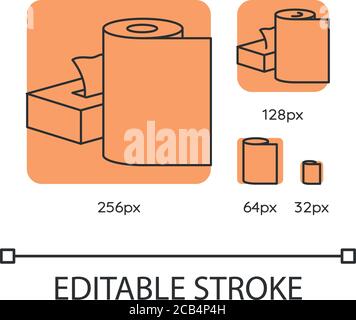 Papierprodukte orange lineare Symbole gesetzt. Einweg-Taschentücher in der Box. Toilettenartikel und Tischdecke. Dünne Linie anpassbar 256, 128, 64 und 32 px Vektor ill Stock Vektor