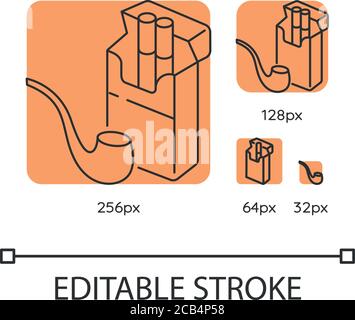 Tabak orange lineare Symbole gesetzt. Zigaretten im Paket. Rauchrohr. Nikotinprodukte. Dünne Linie anpassbar 256, 128, 64 und 32 px Vektor-illuu Stock Vektor