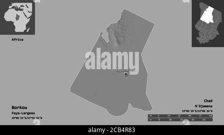 Form von Borkou, Region des Tschad, und seine Hauptstadt. Entfernungsskala, Vorschauen und Beschriftungen. Höhenkarte mit zwei Ebenen. 3D-Rendering Stockfoto