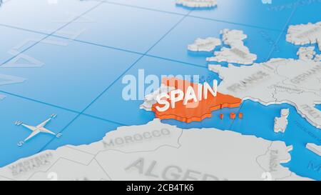 Spanien auf einer weißen vereinfachten 3D-Weltkarte hervorgehoben. Digitales 3D-Rendern. Stockfoto