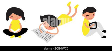 Kinder, die Bücher lesen. Mädchen und ein Junge Studing Vektor-Illustration Stock Vektor