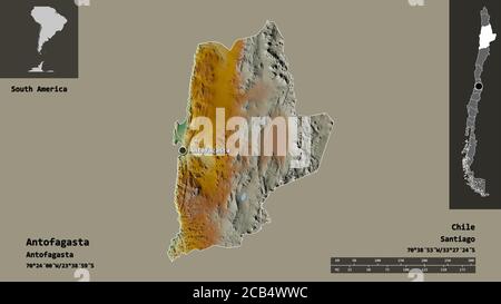 Form von Antofagasta, Region von Chile, und seine Hauptstadt. Entfernungsskala, Vorschauen und Beschriftungen. Topografische Reliefkarte. 3D-Rendering Stockfoto