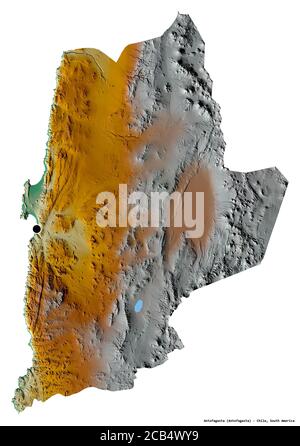 Form von Antofagasta, Region von Chile, mit seiner Hauptstadt isoliert auf weißem Hintergrund. Topografische Reliefkarte. 3D-Rendering Stockfoto