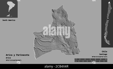 Form von Arica y Parinacota, Region von Chile, und seine Hauptstadt. Entfernungsskala, Vorschauen und Beschriftungen. Höhenkarte mit zwei Ebenen. 3D-Rendering Stockfoto