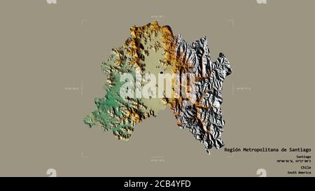 Gebiet der Región Metropolitana de Santiago, Region Chile, isoliert auf einem soliden Hintergrund in einem georeferenzierten Begrenzungsrahmen. Beschriftungen. Topografisches Relief Stockfoto