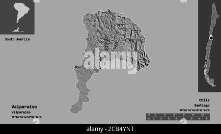 Form von Valparaíso, Region von Chile, und seine Hauptstadt. Entfernungsskala, Vorschauen und Beschriftungen. Höhenkarte mit zwei Ebenen. 3D-Rendering Stockfoto