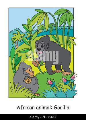 Vektor-Malvorlagen mit niedlichen Gorilla Familie in afrikanischen Bereich. Cartoon isoliert bunte Illustration. Stock Illustration für Design, Malbuch, Stock Vektor