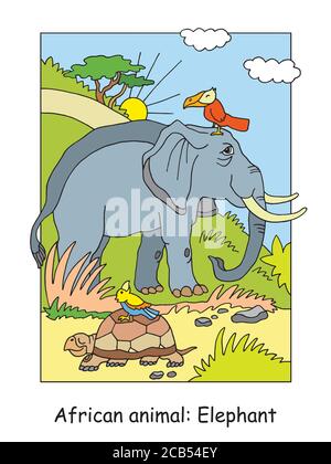 Vektor-Malvorlagen mit niedlichen Elefanten in afrikanischen Bereich. Cartoon isoliert bunte Illustration. Stock Illustration für Design, Malbuch, presch Stock Vektor