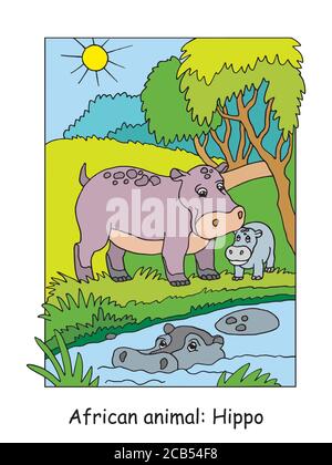 Vektor-Malvorlagen mit niedlichen Hippo Familie in afrikanischen Bereich. Cartoon bunte Illustration isoliert auf weiß. Stock Illustration für Malbuch, p Stock Vektor