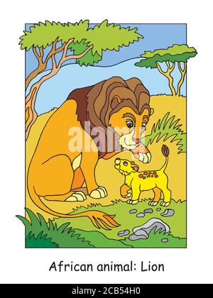 Vektor-Malvorlagen mit niedlichen Löwen Familie in afrikanischen Bereich. Cartoon isoliert bunte Illustration. Stock Illustration für Design, Malbuch, pre Stock Vektor