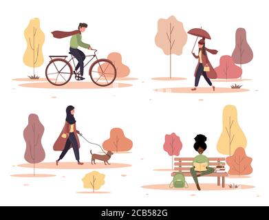 Fröhliche Menschen Spaziergänge Herbst Park Set. Junge Frau sitzt auf der Bank und lesen. Bürger, die mit Hund spazieren gehen, Fahrrad fahren. Vektorgrafik in flacher Form Stock Vektor