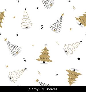 Nahtloses Muster mit schwarzem und goldenem weihnachtsbaum. Element der Wintersaison. Neujahr Design für Karten, Hintergründe, Stoff, Geschenkpapier. Vektor Stock Vektor