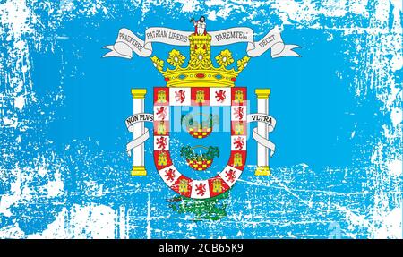 Flagge von Melilla, Autonome Stadt, Königreich Spanien. Faltige Flecken. Kann für Design, Aufkleber, Souvenirs verwendet werden Stockfoto