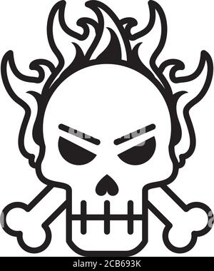 Schädel Kopf mit Knochen gekreuzt auf Feuer Linie Stil Symbol vektorgrafik Design Stock Vektor