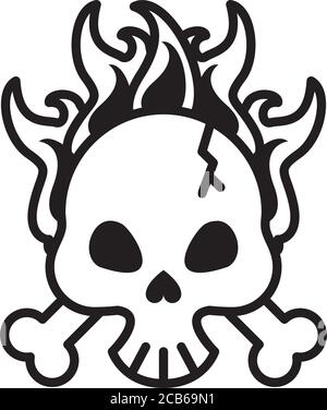 Totenschädel mit Knochen gekreuzt auf Feuer Linie Stil Ikone vektorgrafik Design Stock Vektor