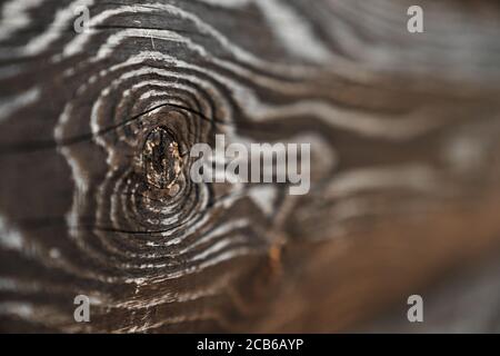 Rustikale Textur an der Wand im Freien, Seitenansicht, dunkler Hintergrund. Selektiver Fokus von braunen alten Volumen rauen Holzplanken, erstaunliche natürliche Muster für Design und Dekoration. Konzept der natürlichen Einrichtung. Stockfoto