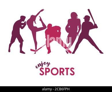 Sport Zeit Poster mit lila Athleten Figuren Silhouetten Vektor Illustration Design Stock Vektor