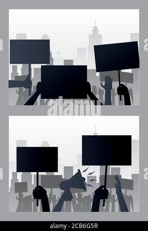 Hände Menschen protestieren heben Banner und Megaphon Silhouetten Szenen Vektor Illustrationsdesign Stock Vektor