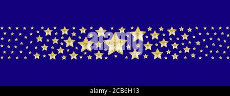 Goldene Sterne Grenze auf blauem Hintergrund isoliert, Rahmen aus glänzenden goldenen Sternen, sternenklare Muster, Weihnachten Grußkarte Ornament, Urlaub Stockfoto