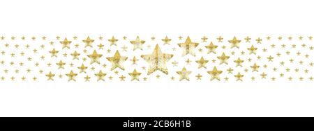 Goldene Sterne Grenze auf weißem Hintergrund isoliert, Rahmen aus glänzenden goldenen Sternen, sternenklare Muster, Weihnachten Grußkarte Ornament, Urlaub Stockfoto