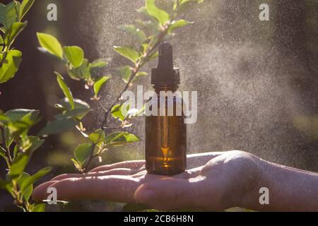 Hand halten bootle von biologischen und ökologischen pflanzlichen pharmazeutischen. Stockfoto