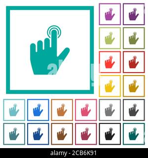 Linkshänder Klicken Geste flache Farbsymbole mit Quadranten Rahmen Auf weißem Hintergrund Stock Vektor