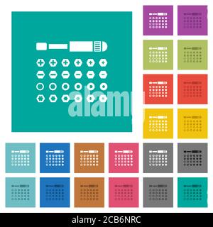Satz Schraubendreherbits mehrfarbige flache Symbole auf einfachen quadratischen Hintergründen. Weiße und dunklere Symbolvarianten für schwebe- oder aktive Effekte. Stock Vektor