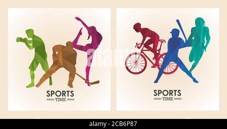Sport Zeit Poster mit Athleten Figuren Silhouetten Frames Vektor Illustration Design Stock Vektor