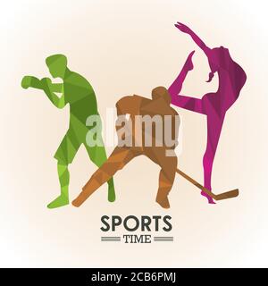 Sport Zeit Poster mit Set Farben Athleten Figuren Silhouetten Vektor Illustrationsdesign Stock Vektor