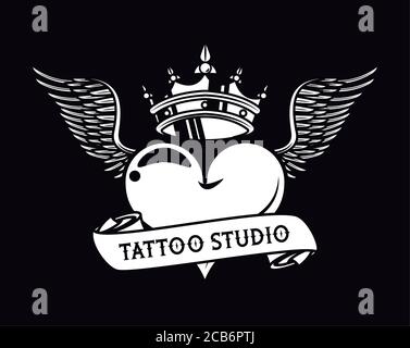 Herz Liebe mit Krone und Flügel Tattoo Studio Grafik Vektor Illustrationsdesign Stock Vektor