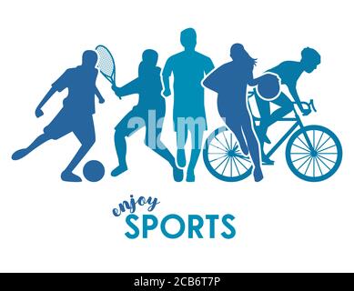Sport Zeit Poster mit Athleten blauen Figuren Silhouetten Vektor Illustration Design Stock Vektor