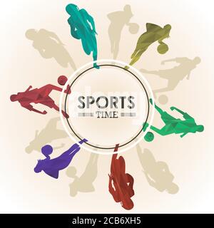 Sport Zeit Poster mit Athleten Figuren in kreisförmigen Rahmen Vektor Illustrationsdesign Stock Vektor