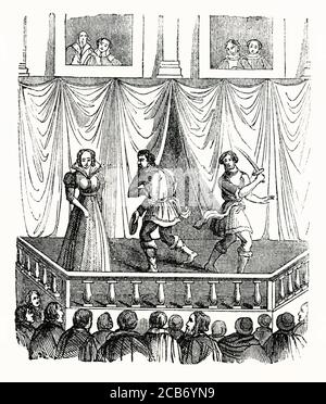Ein alter Stich, der ein Stück zeigt, das im Mittelalter in England, Großbritannien, aufgeführt wurde. Das Theaterpublikum musste oft unter freiem Himmel stehen (sie wurden als "Erdlinge" bezeichnet), während diejenigen, die es sich leisten konnten, sich hinsetzen und von einem Balkon aus (hier im Hintergrund) zuschauen konnten. Stockfoto