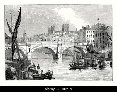 Eine alte Gravur von geschäftigen Fluss Verkehr auf dem Fluss Ouse, York, North Yorkshire, England, Großbritannien in der viktorianischen Zeit. Die Stadt ist bekannt für ihre berühmten historischen Wahrzeichen wie York Minster (hier im Hintergrund) und die Stadtmauern. Im Mittelalter wuchs York als ein wichtiges Handelszentrum für Wolle. Im 18. Und 19. Jahrhundert gab es einen beträchtlichen Handelsverkehr auf dem Fluss, hauptsächlich aus dem stromabwärts gelegenen Selby. Die Ouse-Brücke war der wichtigste Flussübergang. Es wurden mehrere Versionen gebaut. Die Brücke hier ist die Neue Ouse-Brücke, entworfen von Peter Atkinson dem Jüngeren, im Jahr 1821 fertiggestellt. Stockfoto