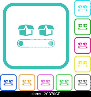 Förderer mit Boxen lebendige farbige flache Symbole in gekrümmten Rändern Auf weißem Hintergrund Stock Vektor