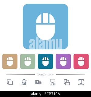 Drei knöpfbare Computer Maus weiße flache Symbole auf Farbe abgerundeten quadratischen Hintergründe. 6 Bonus-Symbole enthalten Stock Vektor