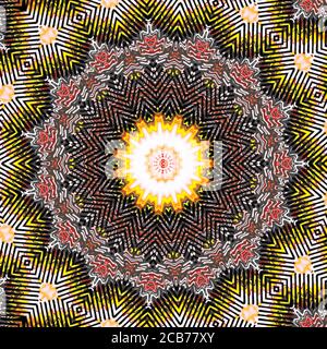 Abstrakt Goldrute geometrische Mandala Hintergrund mit goldenen Zellen für Design. Helles Gold digitale Illustration mit Polygonen auf dunklem Hintergrund. Stockfoto