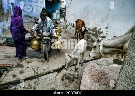 Bundi, Indien - August 2020: Eine Frau, die am 10. August 2020 in Bundi, Rajasthan, Milch von einem Straßenhändler in der Altstadt von Bundi kauft. Indien Stockfoto