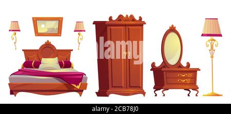 Holzmöbel für alte Luxus-Schlafzimmer isoliert auf weißem Hintergrund. Vector Cartoon Set von Vintage-Bett mit rosa Bezug, Kleiderschrank, goldene Lampen und Frisiertisch mit Spiegel Stock Vektor