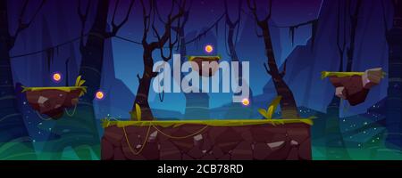 Spielebene Hintergrund mit Plattformen und Elemente. Vektor Cartoon Landschaft der Nacht Dschungel mit grünem Gras und Bäumen für gui-Schnittstelle von Arcade, Computer-Animation, mobile oder Konsolenspiel Stock Vektor