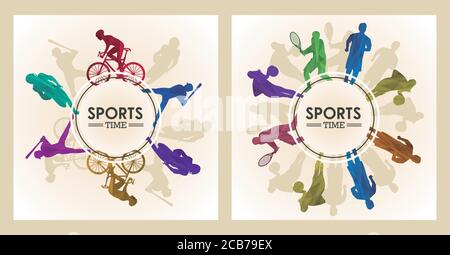 Sport Zeit Poster mit Athleten Figuren in kreisförmigen Rahmen Vektor Illustrationsdesign Stock Vektor