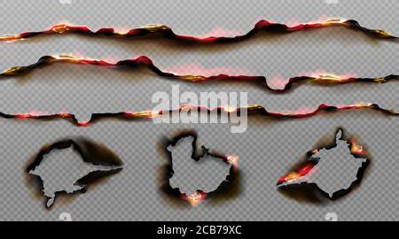 Verbrannte Papierränder mit Feuer und schwarzer Asche. Vektor realistische Satz von Rändern und Rahmen aus verbrannten und schwelenden Papierblättern weiß abgerissene Kanten und Löcher isoliert auf transparentem Hintergrund Stock Vektor