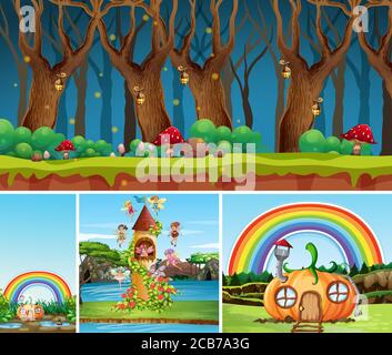Vier verschiedene Szene der Fantasy-Welt mit Fantasy-Orten und Fantasy-Charaktere wie Kürbishaus und Schloss mit Feen Und Nachtwald illust Stock Vektor