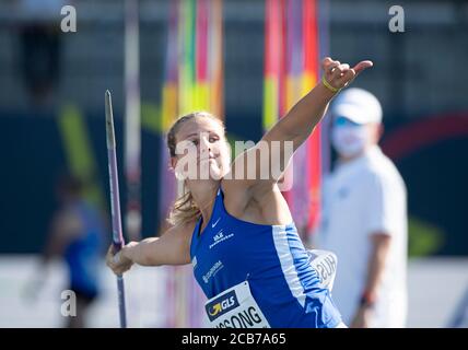 Braunschweig, Deutschland. August 2020. Gewinnerin Christin HUSSONG, 1. Platz, LAZ Zweibrücken, Action, Damen-Speer, am 08.08.2020 Deutsche Leichtathletik-Meisterschaften 2020, ab 08.08. - 09.08.2020 in Braunschweig/Deutschland. Â Nutzung weltweit Credit: dpa/Alamy Live News Stockfoto