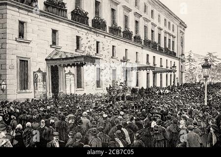 Begräbnis des spanischen Komponisten Emilio Arrieta (1821-1894) an der Escuela Nacional de Musica Madrid, Spanien. Europa. Alte XIX Jahrhundert gravierte Illustration von La Ilustracion Española y Americana 1894 Stockfoto