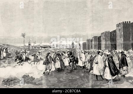 Heirat eines arabischen Magnaten, Eskorte des Bräutigams und Demonstration des Jubbeljubels nach der Hochzeit Marrakesch, Marokko. Alte XIX Jahrhundert gravierte Illustration von La Ilustracion Española y Americana 1894 Stockfoto