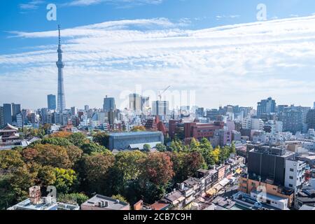 Tokyo skytree, Japan - November 14 2019, Szene mit Touristen in der Nakamise Einkaufsstraße im Sensoji Tempel, beliebte Plätze in Tokio. Stockfoto