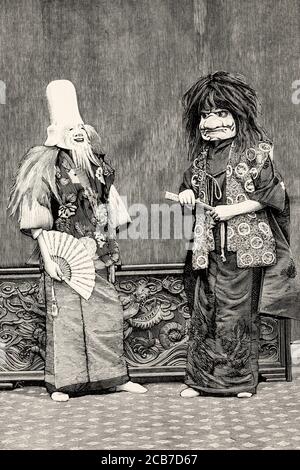 Charaktere, Bräuche und Traditionen der Japaner, Schauspieler während einer Theateraufführung. Japan. Alte XIX Jahrhundert gravierte Illustration von La Ilustracion Española y Americana 1894 Stockfoto