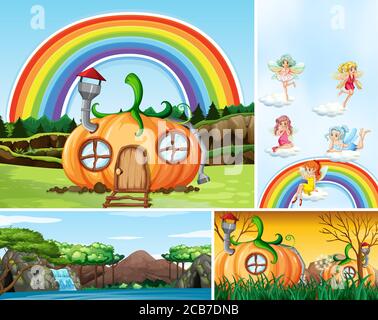 Vier verschiedene Szene der Fantasy-Welt mit Fantasy-Orten und Fantasy-Charakter wie Feen und Kürbis Haus Illustration Stock Vektor